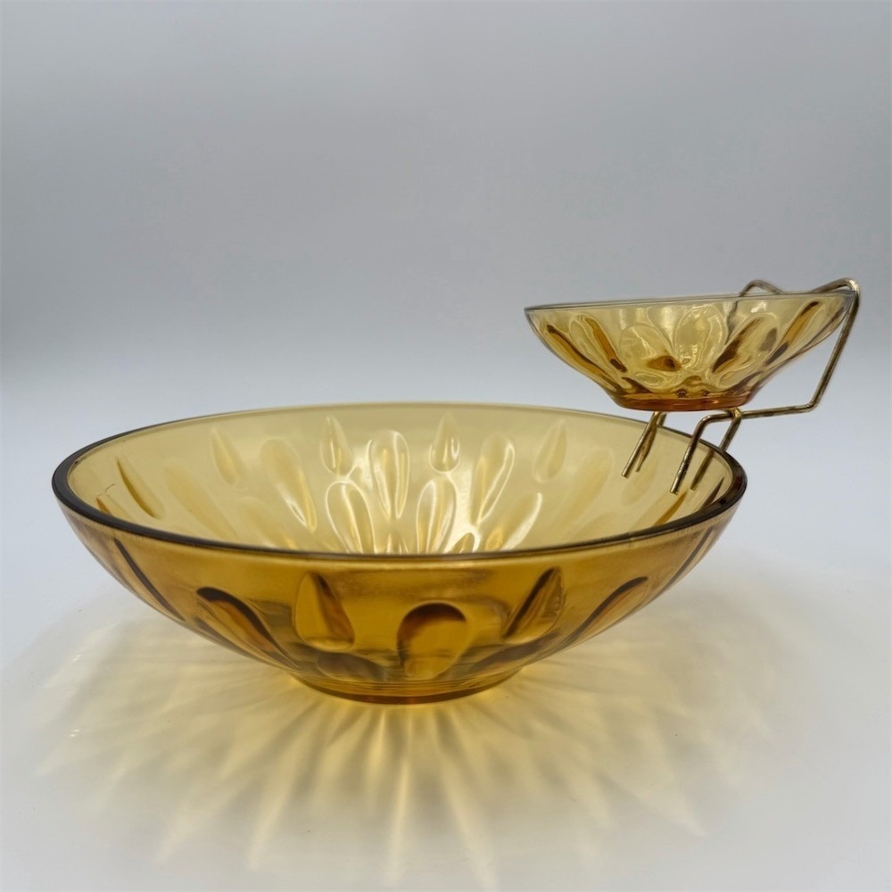 Hazel-Atlas Hazelware Lyric Gold‎ Chip & Dip Bowl Set 3pc w/ Clip Boxed